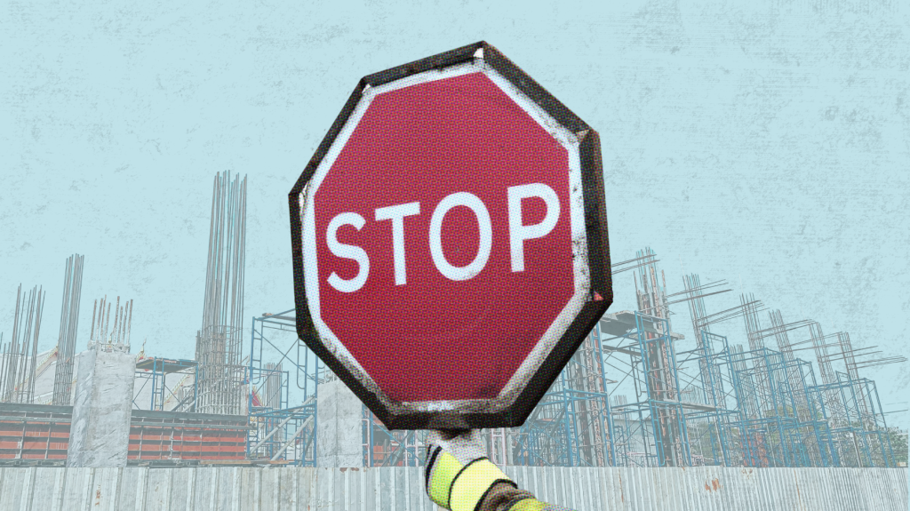 Illustration of stop sign held in front of construction work.