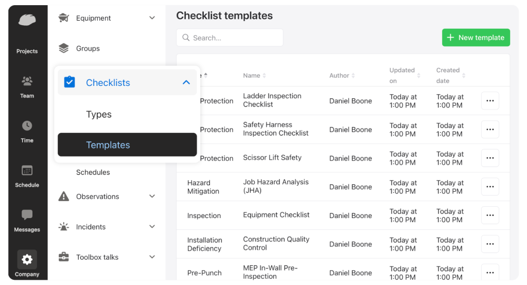 Raken add new checklist template.