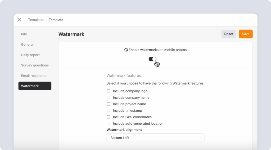 Project templates watermarks settings in Raken.