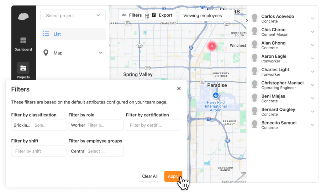 labor map screen and filters.